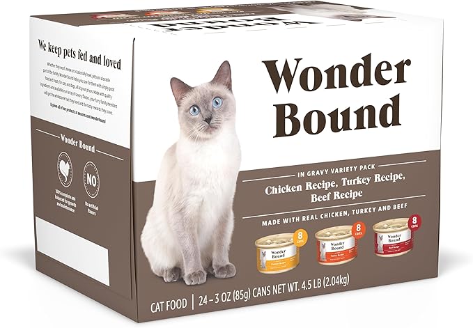 Amazon Brand - Wonder Bound Gourmet Wet Cat Food in Gravy Variety Pack (Turkey, Chicken, Beef), Poultry, Made in USA, 3 Ounce (Pack of 24)