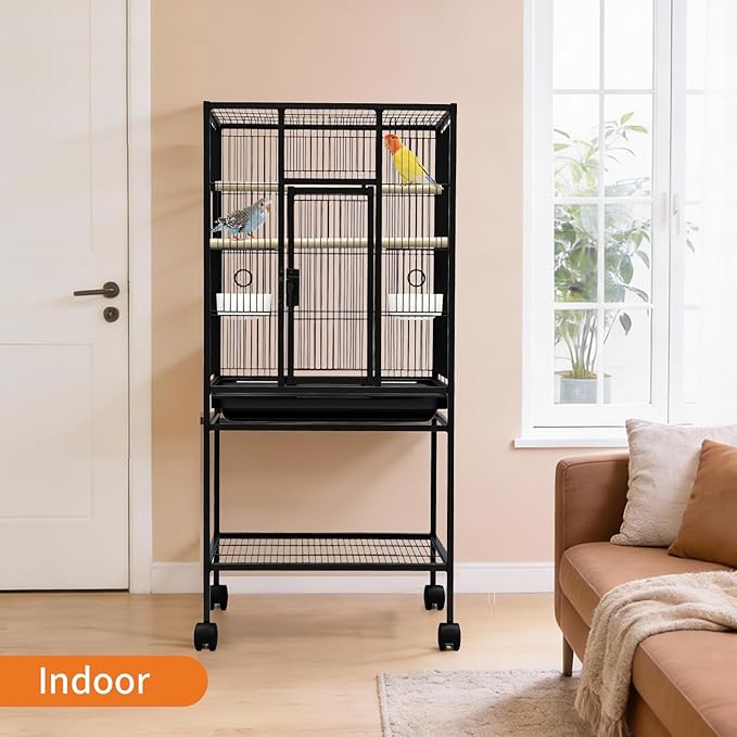 Spacious Metal Bird Cage with Rolling Stand and Storage – Large Flight Cage for Parakeets, Parrots, Cockatiels, Conures – Includes Feed Bowls, Play Top – Durable Pet Aviary – 40.5"/61" Tall