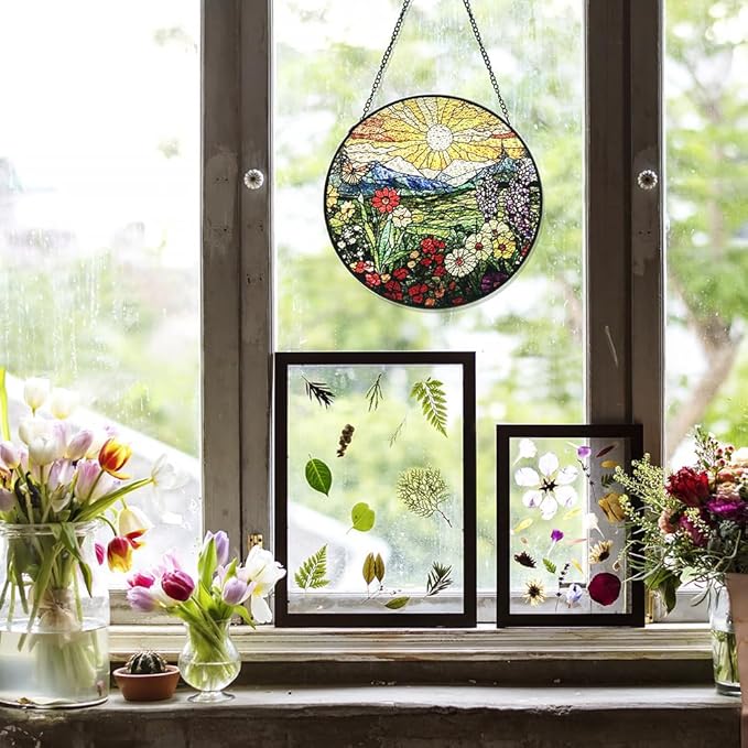 Mountain Wildflowers Stained Glass Suncatcher for Windows - Vibrant Sun Catchers Indoor Hanging Decor, Nature-Inspired Gift for Plant Lovers, Housewarming, New Home, Birthday or Holiday Celebration