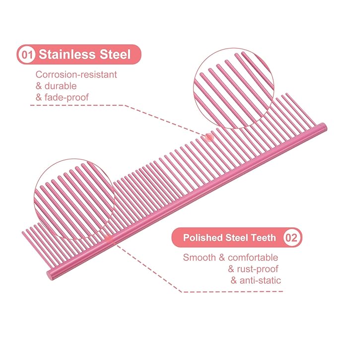 Dog Cat Comb, Pet Combs Stainless Steel Teeth with Rounded Ends for Knots Mats Loose Hair Removal, 6.5/7.5IN (Pink Coated, 2 Pack), Grooming Tool Intended for Long Curly Hair Pet