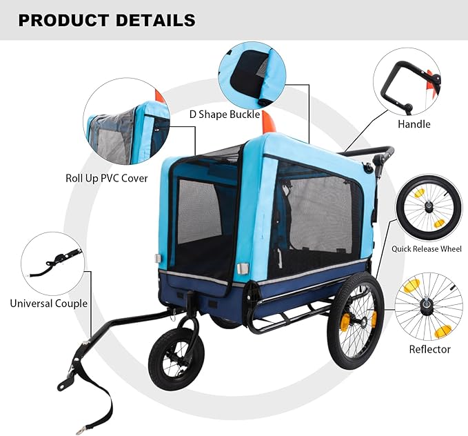Extra Large Dog Bike Trailer, 2-in-1 Convertible Pet Stroller Cart Bicycle Carrier with Swivel Wheels & Universal Hitch, Foldable Pet/Cargo Carrier for Bicycles Camping Hiking