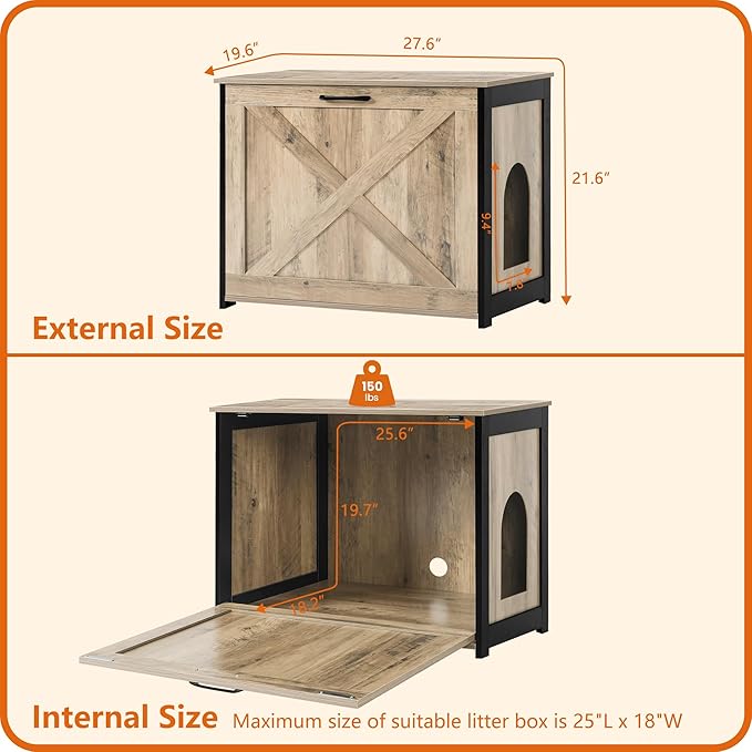 Dwanton Cat Litter Box Furniture Hidden, Cat Litter Box Enclosure, Reversible Entrance Can Be on Left or Right Side, Indoor Cabinet, Wooden Washroom, End Table, Nightstand, Greige, 27.6" L