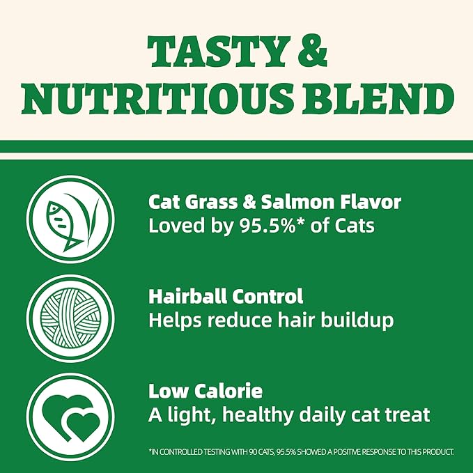 Wellix 13.05oz Organic Cat Grass Treats with Catnip & Salmon - Healthy Cat Treats for Indoor Cats - Hairball Control & Digestive Support - Kittens Training Snacks for Teeth Cleaning