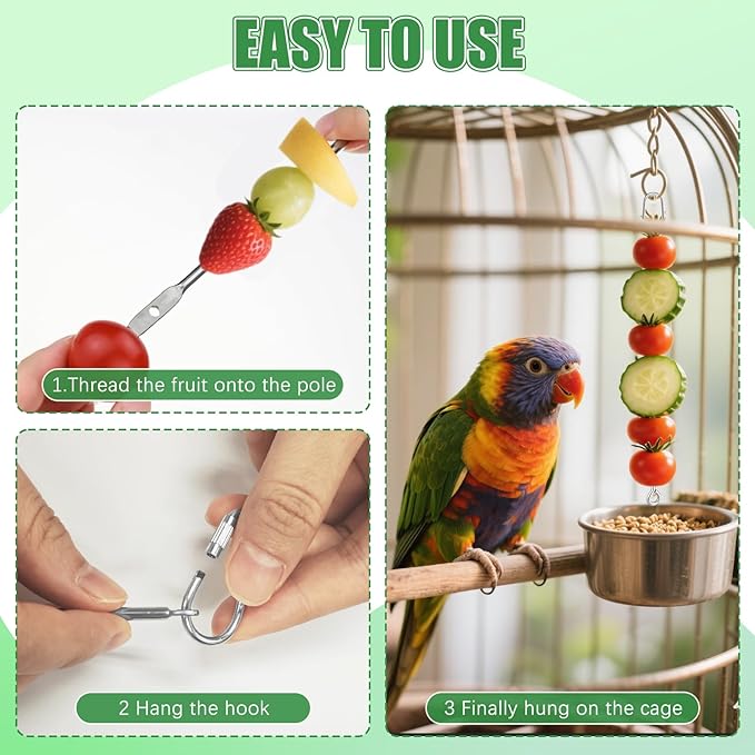 3 Pcs Fruit Vegetable Bird Cage Feeder, Toys for Parakeets, Cockatiels, Conures and Small Animals, Bird Cage Accessories with Stainless Steel