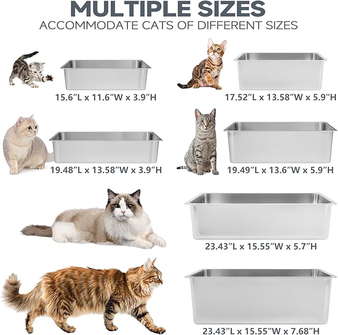 Kirecoo Stainless Steel Cat Litter Box XL- Metal High Sided Cat Pan, Large Stainless Steel Box, Indoor Litter Tray, Non Stick, No Smell, Easy to Clean, Pet Toilet Supplies for Kitten, Kitty, Rabbit