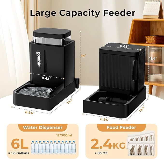 Gravity Dog Food and Water Dispenser, 2 in 1 Automatic Dog Feeder with 180 Degree Rotatable, 2 Pack Large Capacity Self Feeding for Small Dogs Puppy, Black, 1.6GALx2