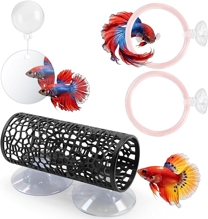 Betta Fish Toys, 1 Betta Fish Tunnel Hammock, 1 Fish Mirror with Floating Ball & 2 Exercise Training Ring Toys, Betta Fish Tank Accessories