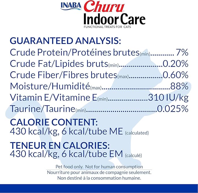 INABA Churu for Cats, Functional, Creamy Lickable Purée Cat Treat for Indoor Care and Hairball Control with Taurine & Vitamin E, 0.5 Ounces Each, 12 Tubes (4 per Pack), Tuna Recipe