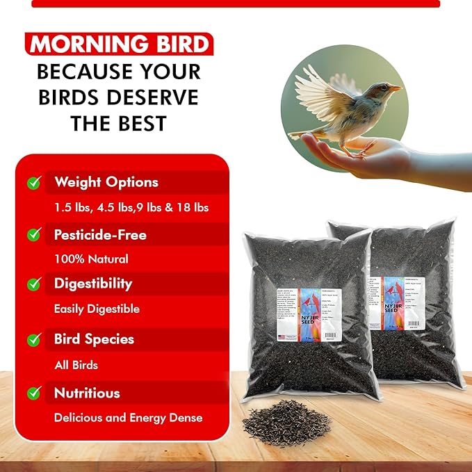 Morning Bird Nyjer Seed for Birds 18 lbs (2-Pack, 9 lbs Each) – Rich in Natural Healthy Fats – Ideal for Breeding & Molting – Premium Bird Food for Canaries and Other Seed-Eating Birds
