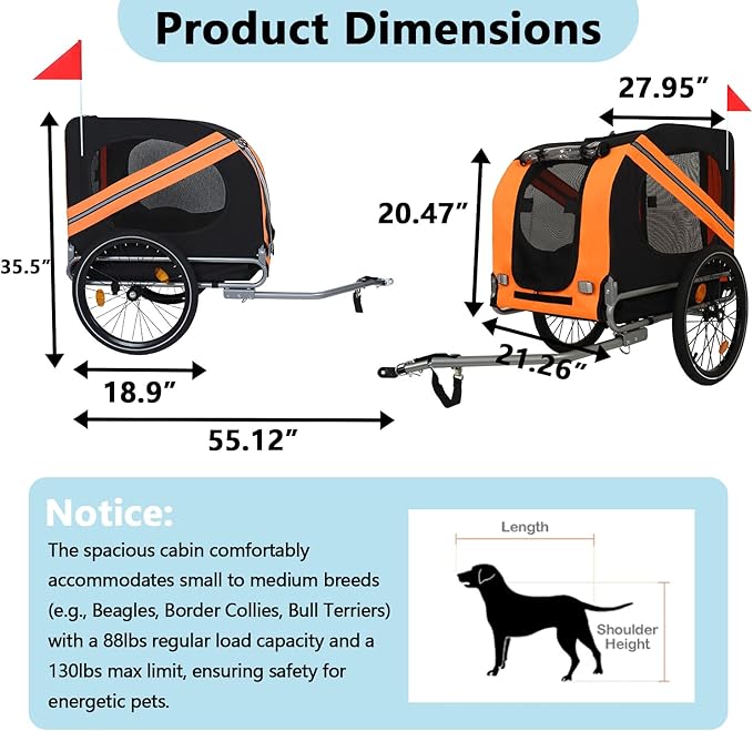 Large Dog Trailer for Bike, Folding Bike Trailer for Dogs with 18.9" Wheels, 120LB Capacity All-Terrain Pet Carrier, Universal Bicycle Coupler