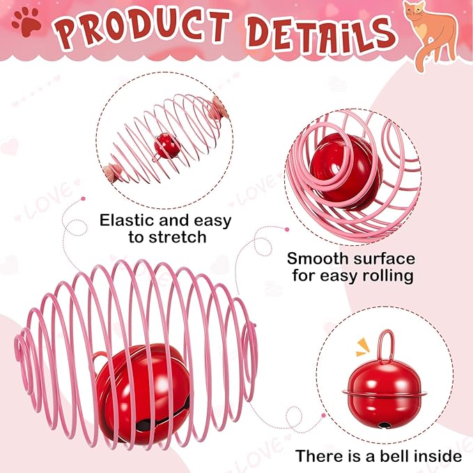 Jecery 5 Pcs Cat Spring Balls Toys Stretchable Rolling Balls Colorful Playful Coils Interactive Action Toy Caged Rats for Kitten Pet Supplies (Bell,Pink Red)