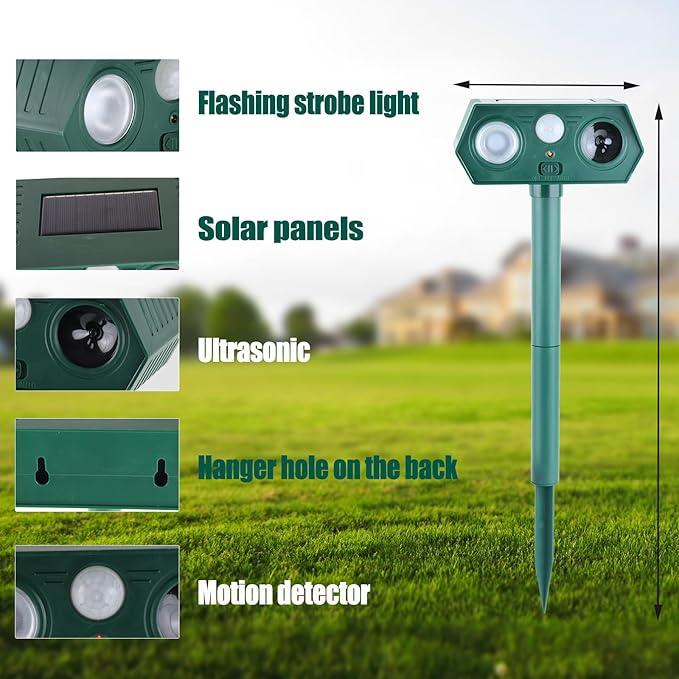 Solar Animal Repellent Outdoor, Deer Repellent, Squirrel Repellent, Ultrasonic Mouse Repellent,Cat Repellent Outdoor Etc,Devices Motion Detection Waterproof with LED Flash Lights for Yard Farm Garden