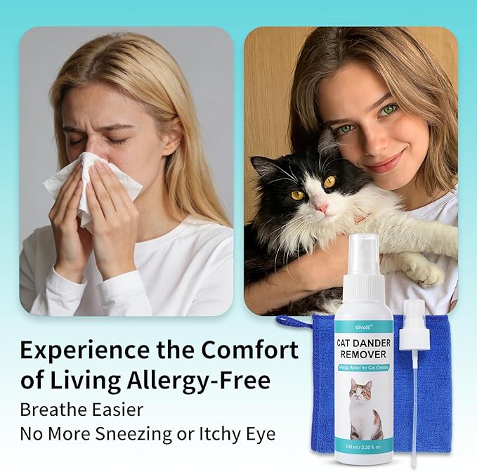 Cat Dander Remover Spray – Natural & Safe Allergy Relief for Cats & Humans, Relieves Itchy Skin & Reduces Dander – Includes 2 Spray Heads & Cleaning Cloth