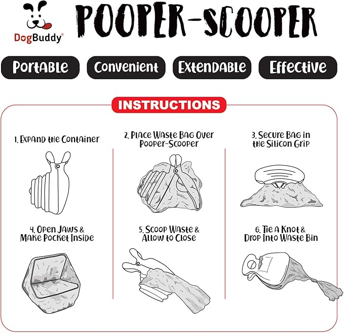 DogBuddy Pooper Scooper, Portable Dog Pooper Scooper, Poop Scooper for Small and Large Dogs, Pooper Scooper with Bag Attachment, Leash Clip and Dog Waste Bags Included (Large, Pink)