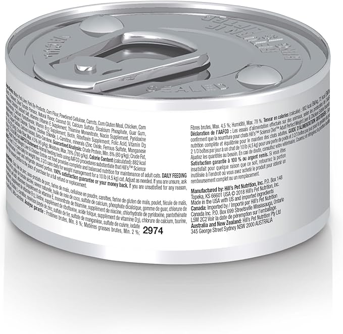 Hill's Science Diet Perfect Weight, Adult 1-6, Weight Management Support, Wet Cat Food, Liver & Chicken Minced, 2.9 oz Can, Case of 24