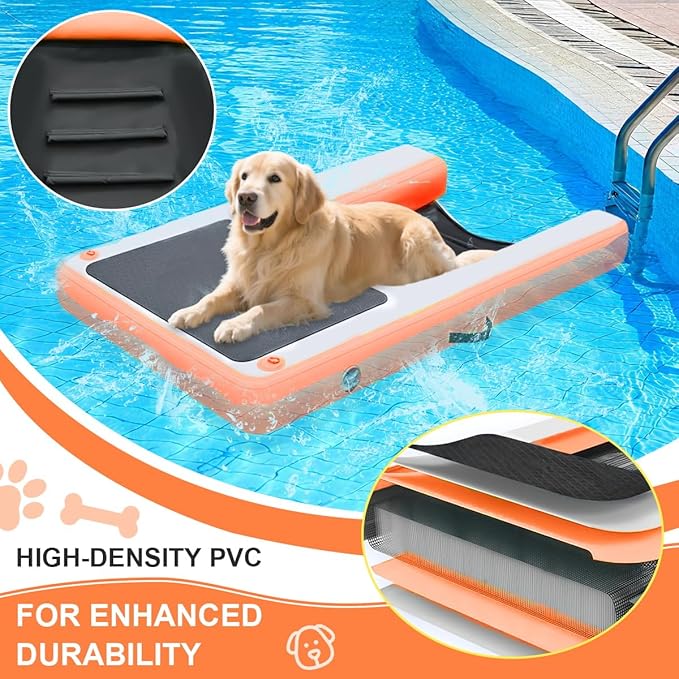 Inflatable Dog Water Ramp, Non-Slip Floating Dock Ladder for Pools, Boats & Lakes, Pool Ramp for Dogs Up to 200 Pounds, Orange