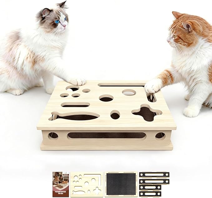 Cat Scratch Puzzle Enrichment Box, Solid Wood Construction Cat Nail File Enrichment Box with Sandpaper Inside, Cat Nail File Box Stress Free Alternative to Clippers and Grinders(No Bell Ball)