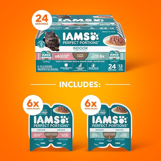 IAMS Perfect Portions Grain Free Wet Cat Food, Indoor Adult Cat Food Wet Cuts in Gravy, Variety Pack: Tuna & Salmon Recipe, 1.98 lb. (Pack of 1) Twin-Pack Trays