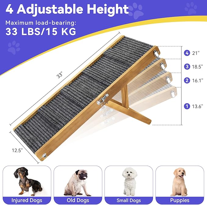 2026 Upgraded Dog Ramp for Couch, Foldable Small Dog Ramp for Sofa, 4 Adjustable Height from 13'' to 21", Portable Stable Pet Step with Non-Slip Pad, Pet Ramps Use for Couch Stairs, Walnut