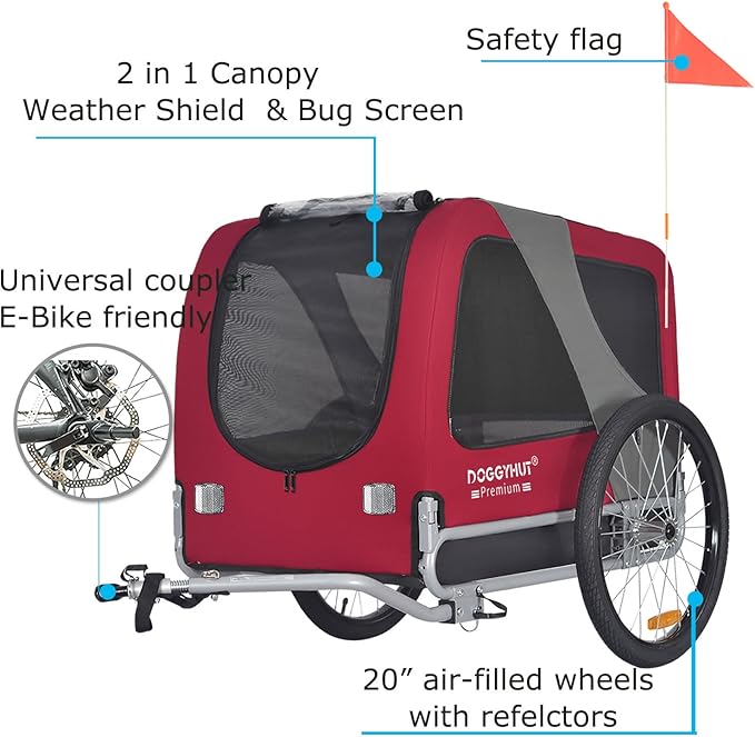 DOGGYHUT® Premium Large Pet Bike Trailer for Medium or Large Dog, Up to 78 lbs,Dog Bicycle Carrier,Low Center of Gravity,Easy Folding Frame
