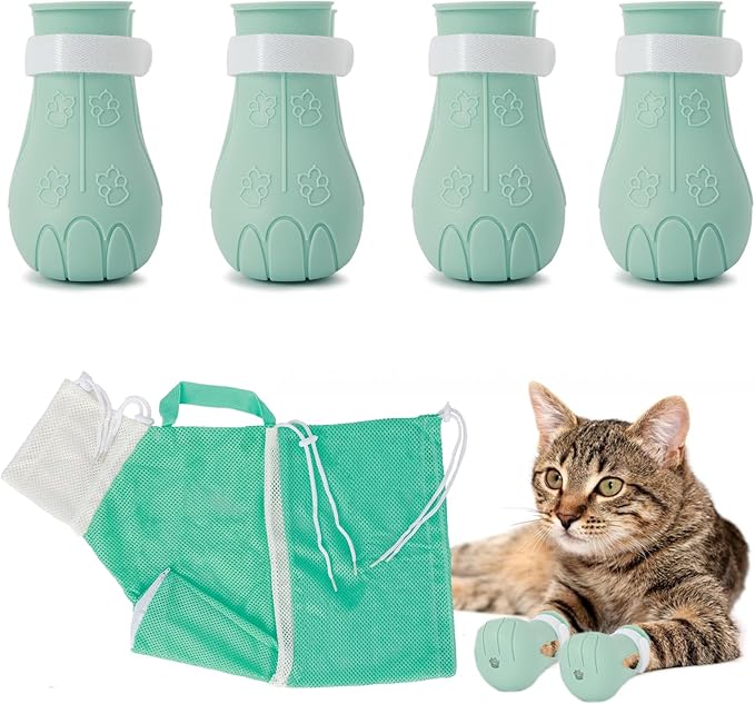 Hetenoyo 4 Pcs Anti-Scratch Silicone Cat Shoes and Cat Grooming Mesh Bag, Cat Claw Covers, Adjustable Multifunctional Anti-Bite Shower net Bag for Nail Trimming Bathing Home Pet Hospital Barbering
