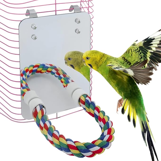 Bird Mirror for Cage with Parrot Rope Perches for Parakeet/Budgerigar/Lovebird/Canaries Stand