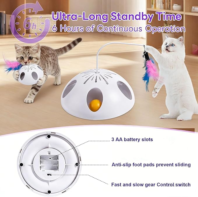 Cat Toys, Interactive Cat Toy for Indoor Cats, Automatic Interactive Kitten Toy, Fluttering Feather, Track Balls, Rotating Track Feather Enrichment Kitty Toys for Multi-cat Family (White)