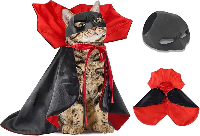 2PC Cat Halloween Costumes,Cat Bat Mask,Halloween Costumes for Dogs,Funny Cape Accessories for Cats,Bat Cosplay Apparel
