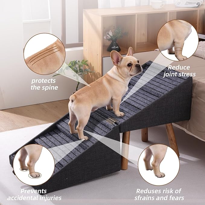 21.06” Dog Stairs for High Bed, 6-Step Pet Stairs with Split Ottoman Design - Tall Dog Steps Convertible to Bedside Table Nightstand, Large Non-Slip Stairs for Big Medium Dogs to Bed (Black)