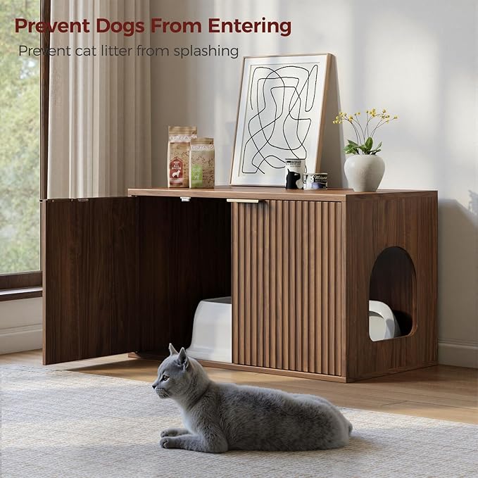 Evermagin 31.5" Walnut Cat Litter Box Enclosure Furniture, Large Hidden Litter Box Cabinet, Mid Century Modern Indoor Cat House Kitty End Table for Living Room, Entryway, Bedroom