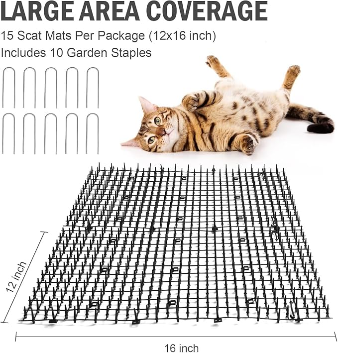 Pomeat 15 PCS Cat Scat Mat with Spikes 16 x 12'' Cat Deterrent Outdoor Scat Mats for Cats and Dogs Cat Spikes for Garden Fence Indoor Furniture Cat Deterrent Mat with 10 Staples