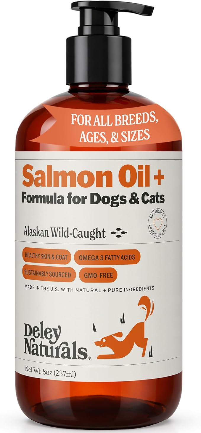Deley Naturals Wild Alaskan Salmon Oil for Dogs & Cats - New and Improved Salmon Oil Plus Formula - Fish Oil for Dogs with Omega 3, DHA and EPA - Omega 3 for Healthy Skin and Coat - 8oz Made in USA