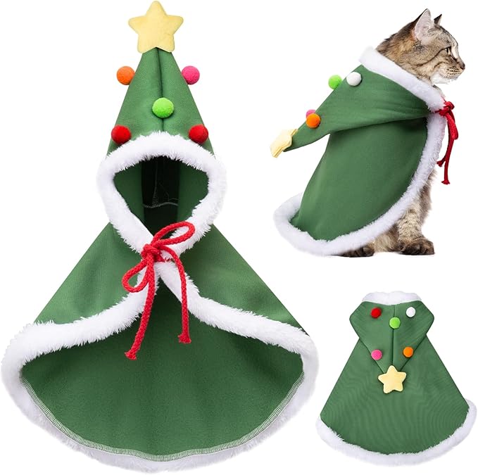 Cat Christmas Cape, Dog Soft Thick Xmas Cloak with Velvet Stars Hat, Pets Christmas Costume Dogs Cats Santa Claus Outfits for Goose Rabbit, M