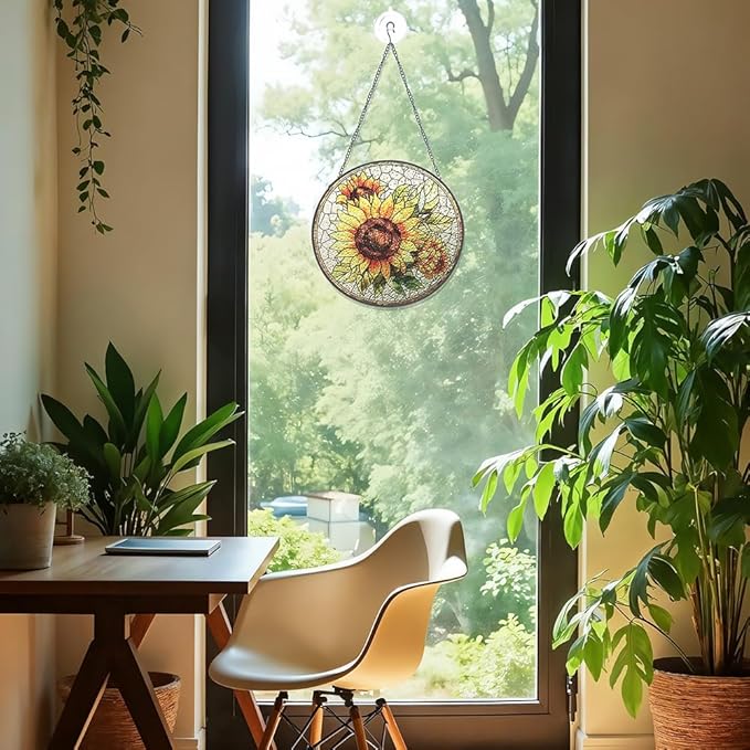 Sunflower Suncatcher Stained Glass Window Hanging Decor-Vibrant Sun Catchers for Indoor Windows, Unique Gifts for Plant Lovers, Housewarming, Birthday or New Home Celebration, Sunny Summer Decoration
