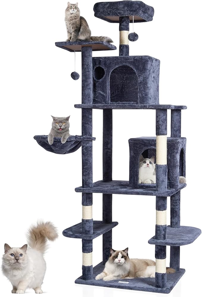 VEVOR Cat Tree for Indoor Cats, 68.5" Cat Tower with 2 Cat Condos, Sisal Scratching Post, Hammock, Top Perch, Jumping Platforms, Large Cat Furniture Activity Center with Hang Ball, Dark Grey