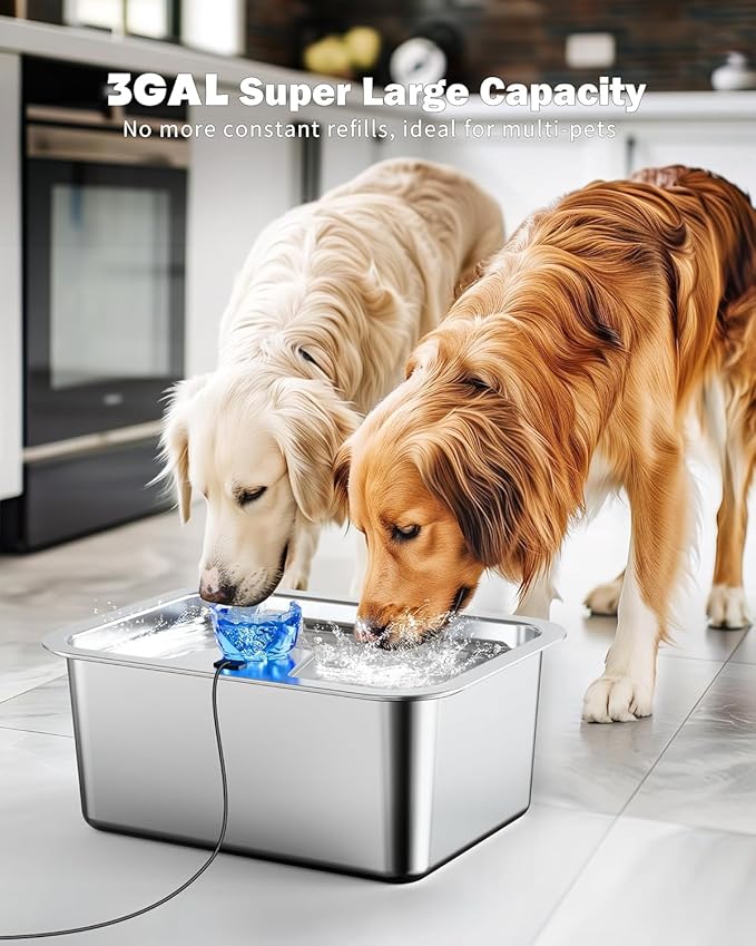 Stainless Steel Dog Water Fountain, 3 Gallon Extra Large Pet Fountains for Large Dogs, Great Dane Waterer Automatic Dog Bowl Dispenser,Filter Drinking Bowls for Multi Pets, Easy to Clean, Quiet Pump