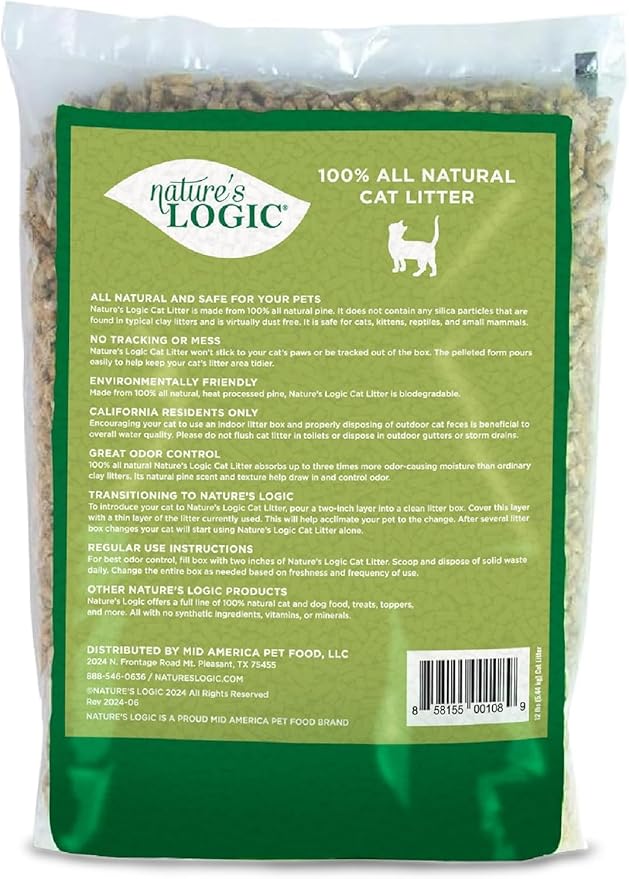 Nature's Logic 100% Natural Pine Pellet Cat Litter - 100% Ponderosa Pine, Dust-Free, Unscented, Biodegradable - Safe for Cats, Kittens, Reptiles & Small Pets - Highly Absorbent - 24lb (2, 12lb)