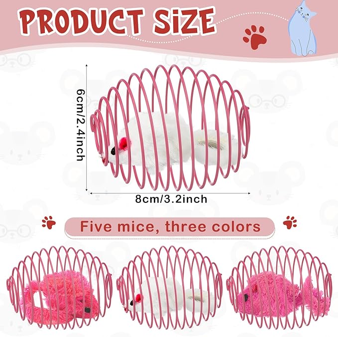 Jecery 5 Pcs Cat Spring Balls Toys Stretchable Rolling Balls Colorful Playful Coils Interactive Action Toy Caged Rats for Kitten Pet Supplies (Mouse,Pink)
