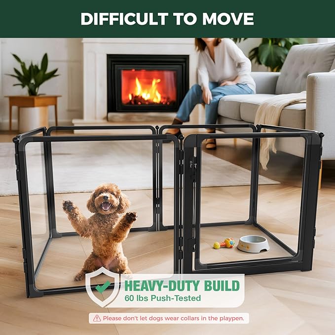 FXW AuraSpace Pro Metal & Acrylic Indoor Dog Playpen, All-Acrylic Clear Heavy-Duty Design, 24" Height 6 Panels for Puppies & Small Dogs, Black│Patented