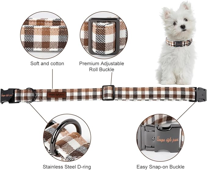 Unique style paws Dog Collar Metal Buckle Gift for Small Medium Large Boys Girls Dogs, brown plaid, XL