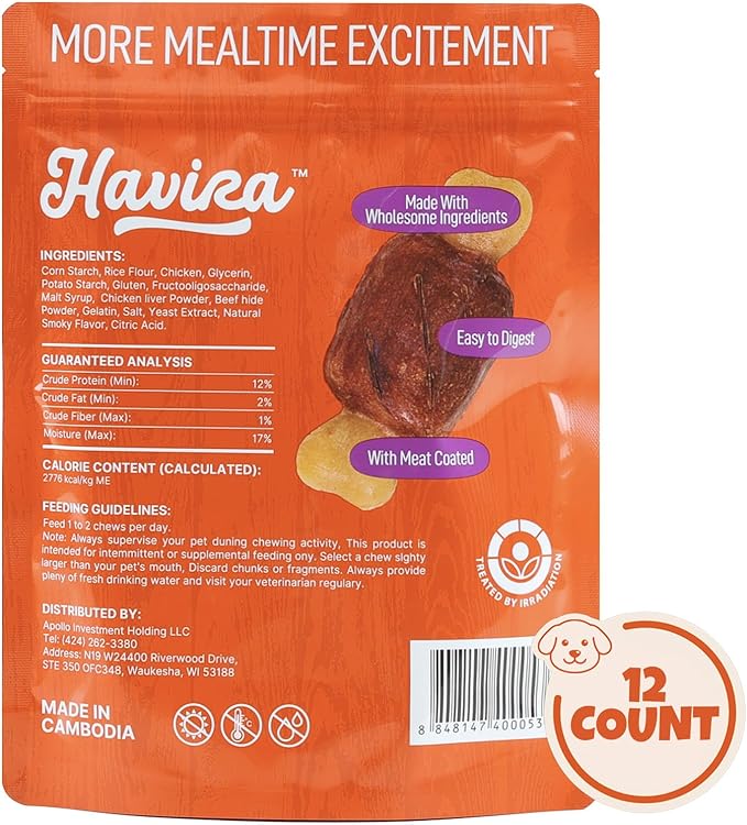 Havira BBQ Dog Treats Ham Bone 12 Count, Grill-Shaped Rawhide Free Dog Chews Bone, Easily Digestible, for All Life Stages