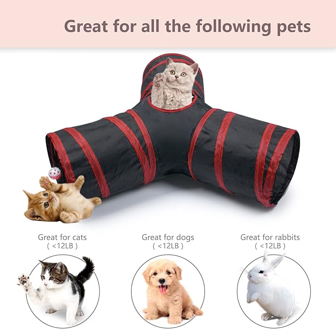 3 Way Cat Tunnel Collapsible Fun Pet Play Tube Toys for Cats, Kittens, Puppies & Rabbits - Portable Tunnel with Hanging Ball for Indoor Play, Hideout & Exercise