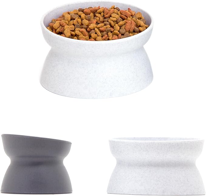 Kitty City Elevated Cat Bowls (Set of 2), Whisker-Friendly Raised Cat Food & Water Dishes, Modern Pedestal Design, Dishwasher Safe, 10.8 oz Each – White & Gray