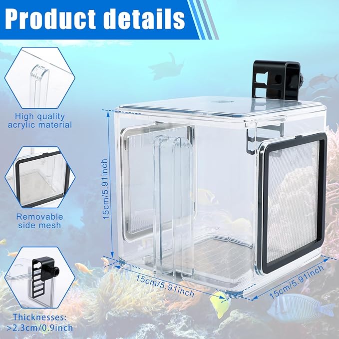 Fish Breeding Box, Acrylic Fish Isolation Breeding Hatching Box, Hanging Aquarium Hatchery Tank for Baby Fish Guppy Betta Shrimp Clownfish Freshwater Saltwater