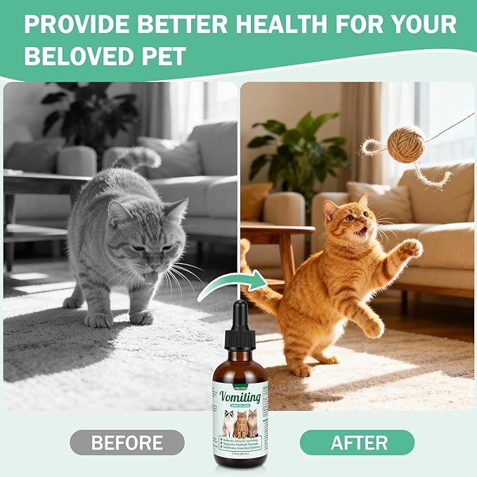 Vomiting Relief for Cats, Cat Vomit Remedy, Digestive Support Drops with Probiotics to Help Reduce Vomiting, Hairballs & Sensitive Stomach, Supports Gut Health, Easy to Mix with Food - 2 FL OZ