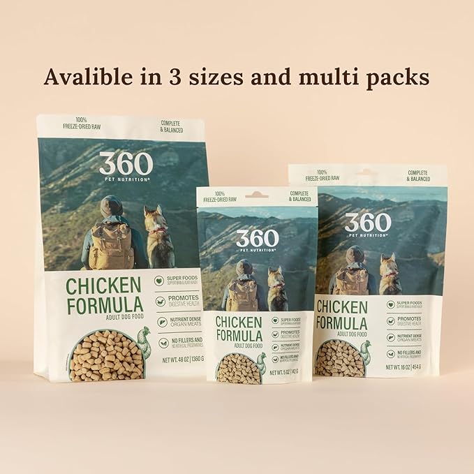 360 Pet Nutrition Freeze-Dried Raw Dog Food – Chicken Recipe with Liver & Organs, High Protein, Omega-3s, Fruits, Veggies & Superfoods, Grain-Free, No Fillers 4 x 16 oz Made in USA