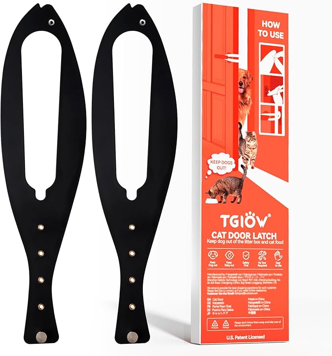 TGIOW Cat Door Latch, 2 Pcs Cat Door Stopper Pet Door Latch to Keep Dog Out of Litter Box and Food, Door Prop for Cat with 5 Adjustable Size Strap 2.5-6" Wide, No Measuring, Easy to Install, Black