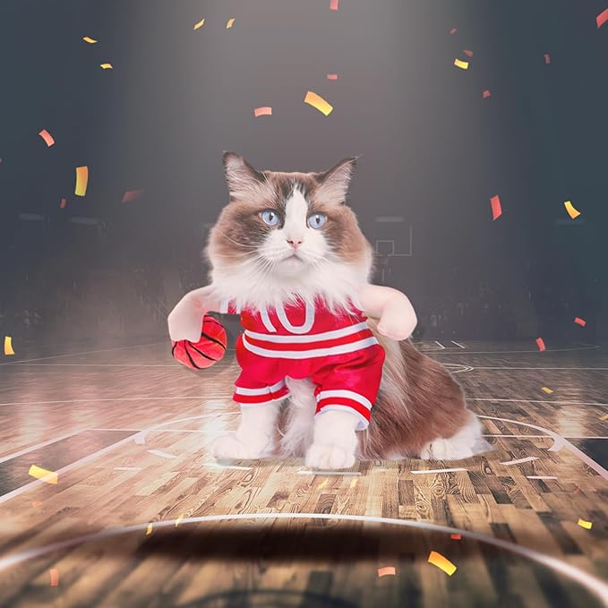 DELIFUR Dog Basketball Player Costume - Pet Halloween Costume Adjustable Funny Dress Up Sports Outfit Cosplay Clothes for Large Cats and Small Dogs (Red Basketball, X-Small)