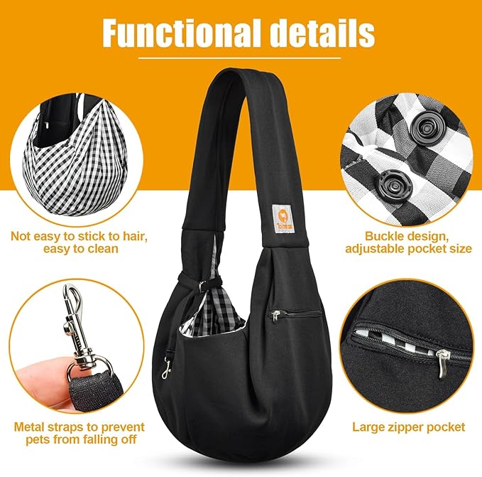 Tomkas Small Dog Sling Carrier - Zipper Pocket & Classic Strap - for 3-10 lbs Pets(Black)