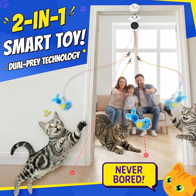 Interactive Cat Toys for Indoor Cats - 2 in 1 Automatic Cat Toy with Flying Bird，Smart Moving Wand Toy with 2 Modes, Auto On/Off Hanging Safe Toys for Bored Kitten & Adult Cats (Green)